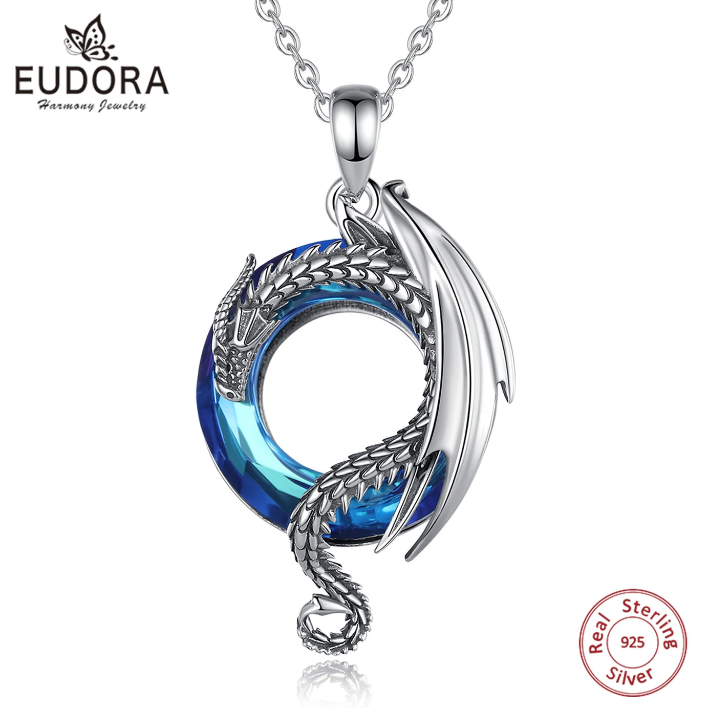 Dragon Amulet Necklace with Austrian Crystal, S925 Sterling Silver