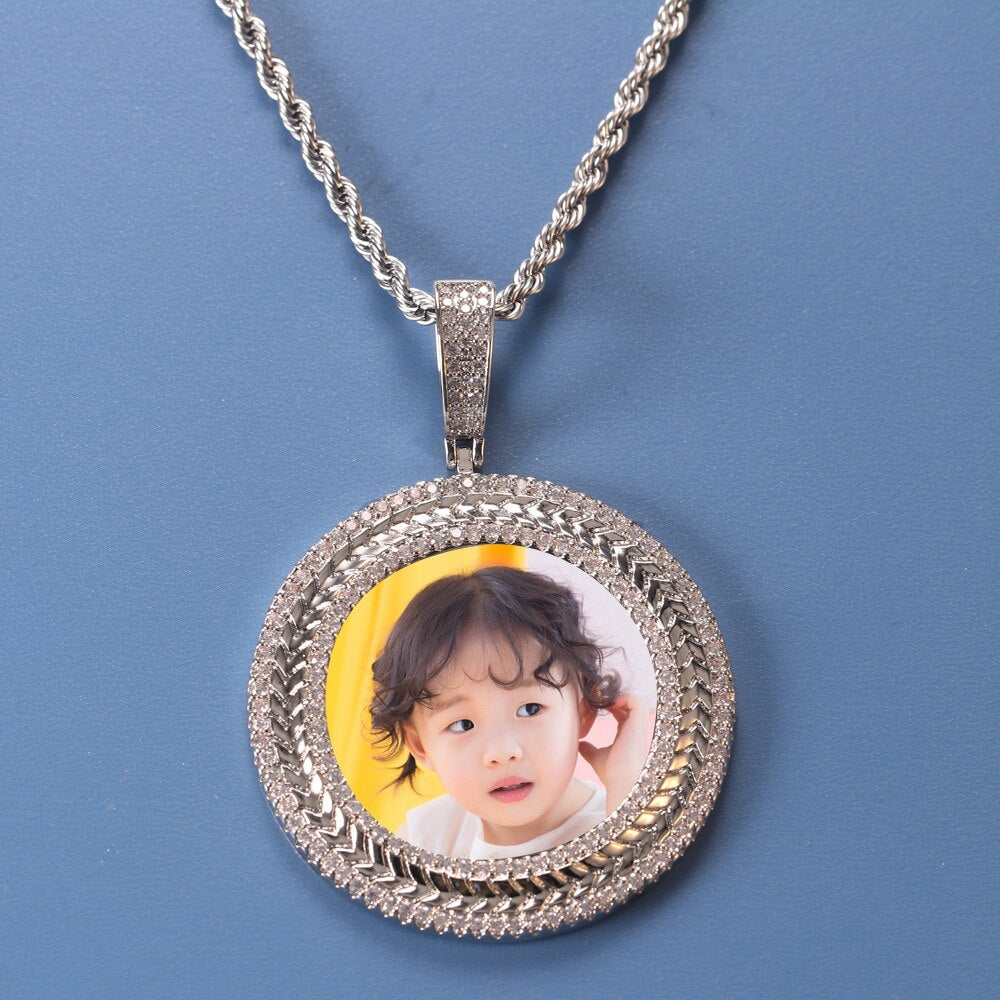 Personalized Iced Out Photo Frame Round Cubic Zircon Memorial Picture Pendant Photo Necklace - Charlie Dolly
