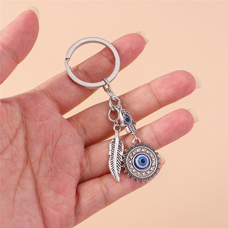 1Pc Bohemia Evil Eye Hamsa Hand Keychain for Women Men Blue Eye Sun Feather Key Ring Bag Pendant Car Key Holder Rings Wholesale - Charlie Dolly