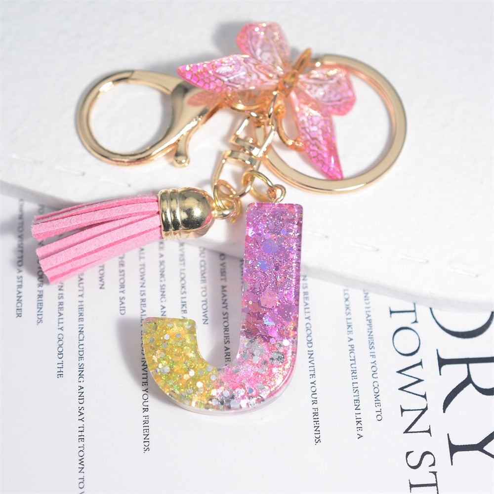 Cute Resin A-Z Initials Letter Keychain Pink Sparkle Butterfly Tassel Pendant Keyring for Women Girl Purse Handbags Jewelry Gift - Charlie Dolly