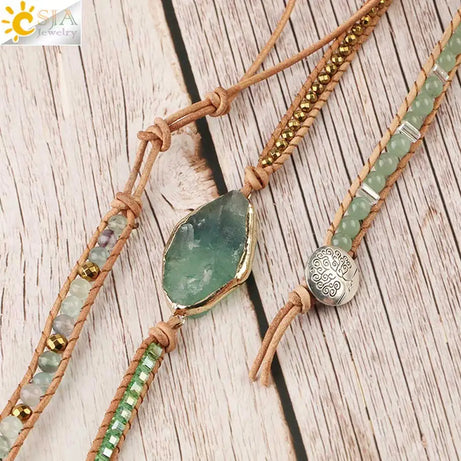 CSJA Boho Natural Stone Braided Bracelet for Women Green Aventurine Beads Handmade Wrap Bracelets Balance Bangle Jewelry G118 - Charlie Dolly