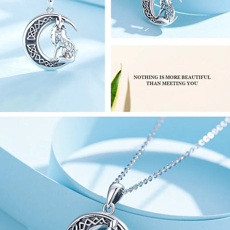 S925 Sterling Silver Wolf & Moon Pendant Necklace, Valknut Odin Norse Viking Amulet