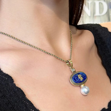Vintage Cameo Jewelry Set Woman Avatar Pendent Pearl Necklace Lapis Lazuli Stud Earrings Blue Natural Stone Wedding Party 2026 - Charlie Dolly