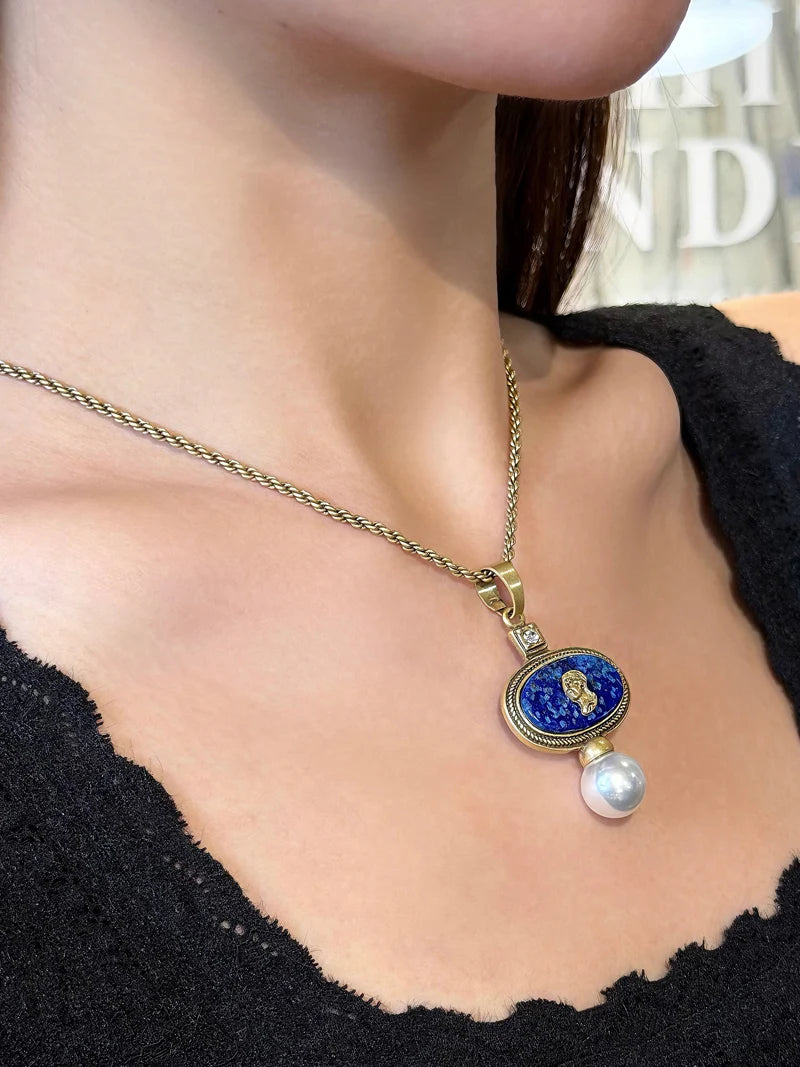 Vintage Cameo Jewelry Set Woman Avatar Pendent Pearl Necklace Lapis Lazuli Stud Earrings Blue Natural Stone Wedding Party 2026