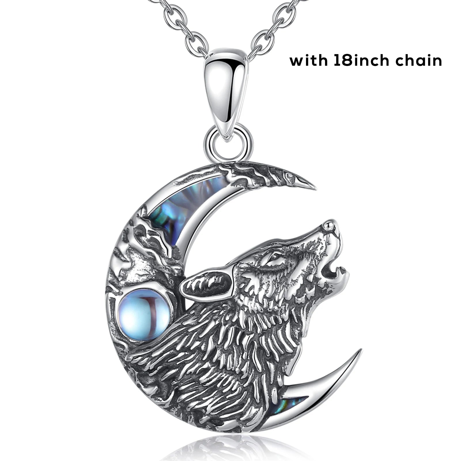 Eudora 925 Sterling Silver Wolf on the Moon Necklace Moonstone Wolf Pendant Animal Series Jewelry for Warriors Men'women Gift