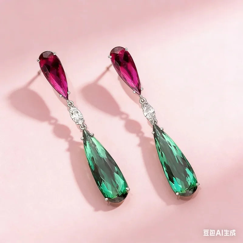 Luxury Green Zircon Drop Shape Boho Earrings for Women Fashion Engagement Jewelry Long Purple Stone Dangle Earrings