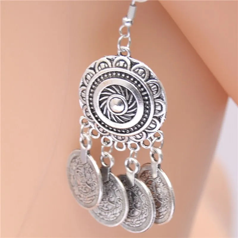 1Pair Flowers Round Shaped Circle Drop Earrings With Coin Carved Jewelry For Women Boho Style E963