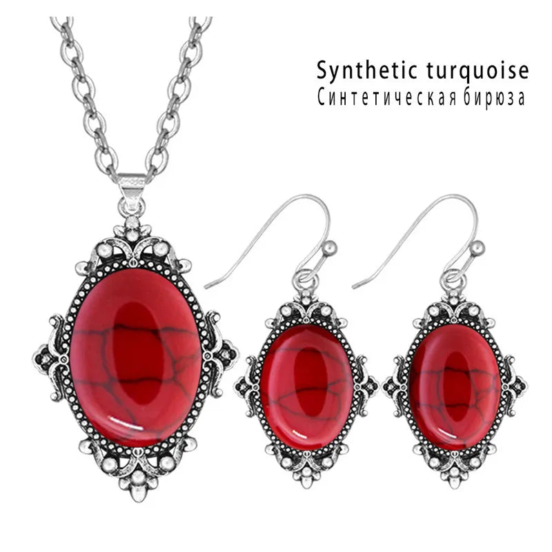 Vintage Look Natural Stone Lapis Lazuli Jewelry Sets Solid Silver Plated Necklace Earrings Flower Fashion Jewelry