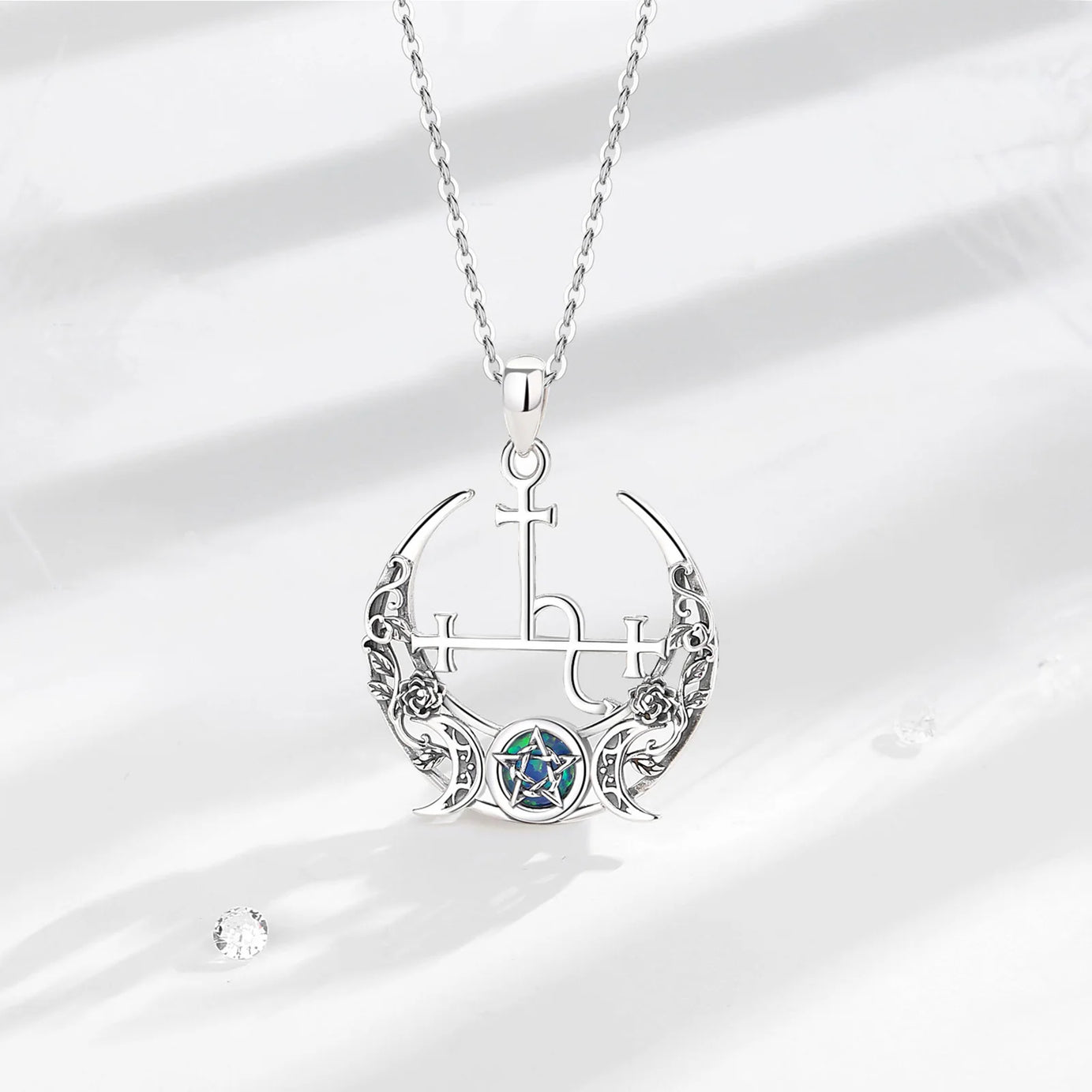 S925 Sterling Silver Lilith Moon & Opal Pendant Necklace, Triple Moon Goddess Amulet