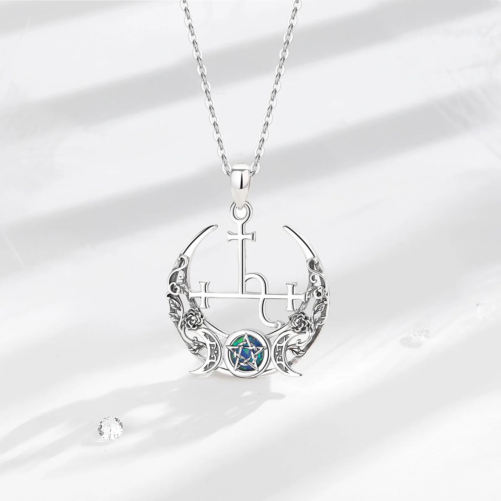 Eudora 925 Sterling Silver Lilith Moon Necklace for Women Man Opal Triple Moon Goddess Amulet Pendant Personality Jewelry Gift