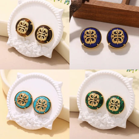 Vintage Gold Color Stud Earrings with Natural Lapis Lazuli/Tiger Eye/Turquoise/Malachite Stone - Elegant Round Statement Jewelry - Charlie Dolly