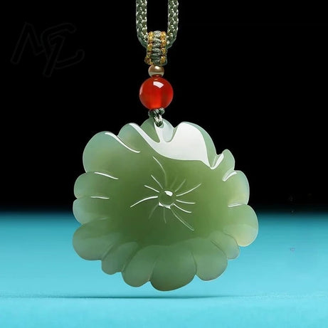 Natural Hotan Jade Lotus Flower Pendant, Boho Sacred Amulet Necklace