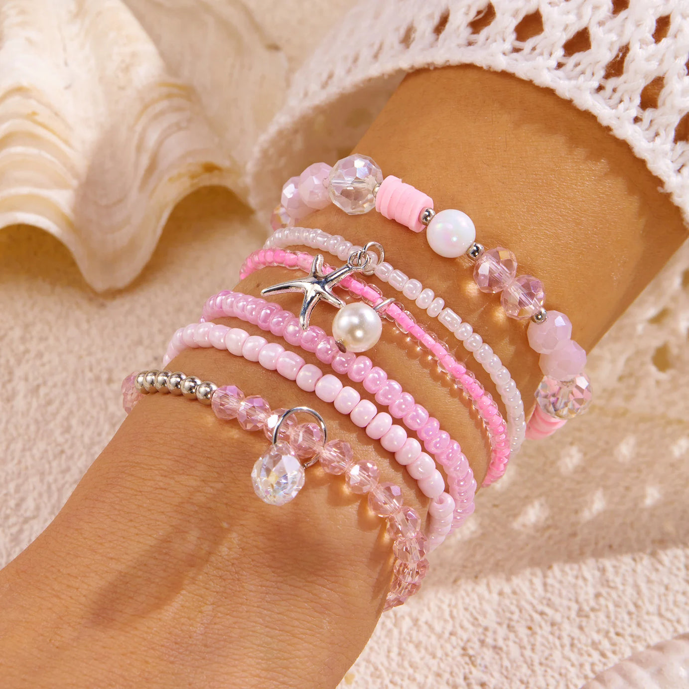 Pink Pearl and Shell Stackable Bracelet Set (5 Pieces)