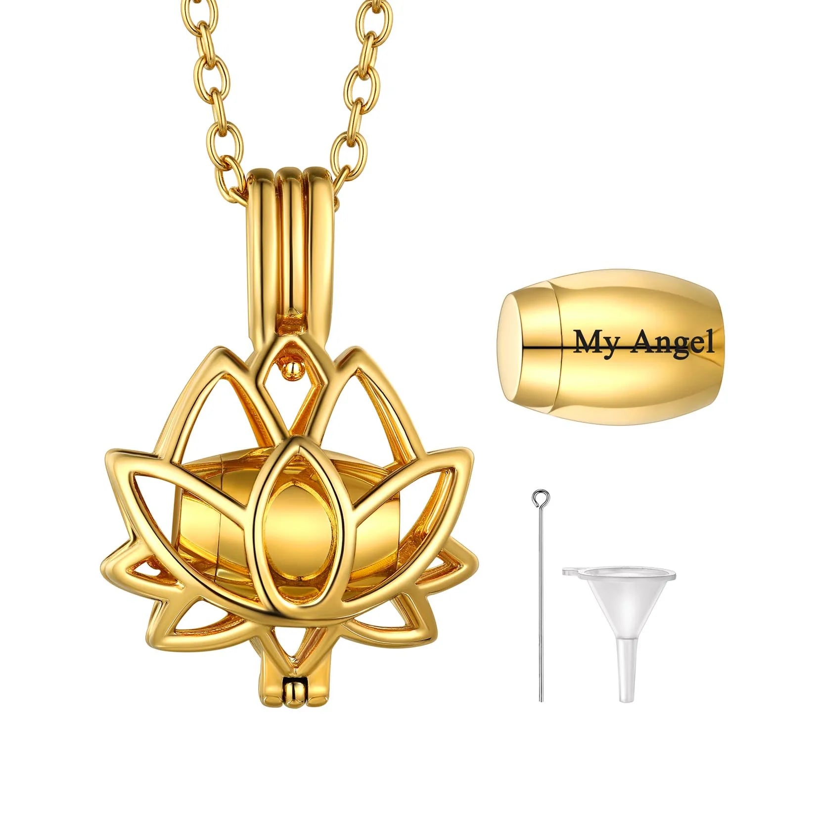 U7 Lotus Necklace Cremation Jewelry for Ashes of Love One 316L Stainless Steel Hollow Out Lotus Flower Urn Pendant 20" O-chain