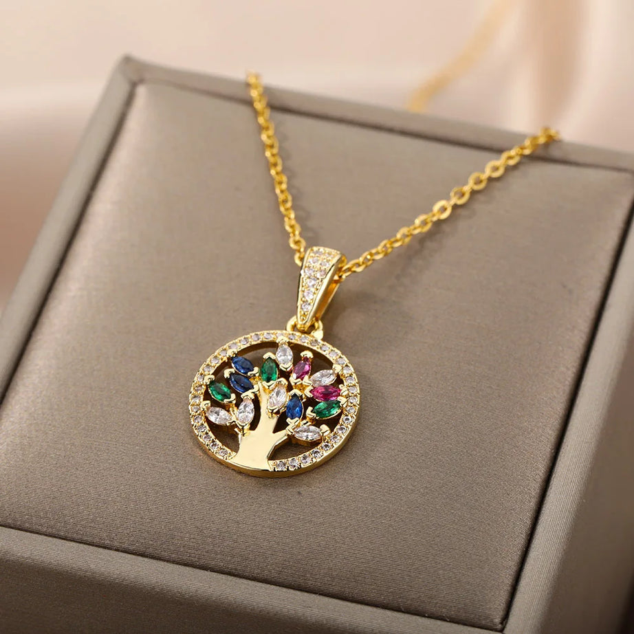 Tree of Life Pendant Necklace, Stainless Steel Long Chain Sacred Geometry Talisman
