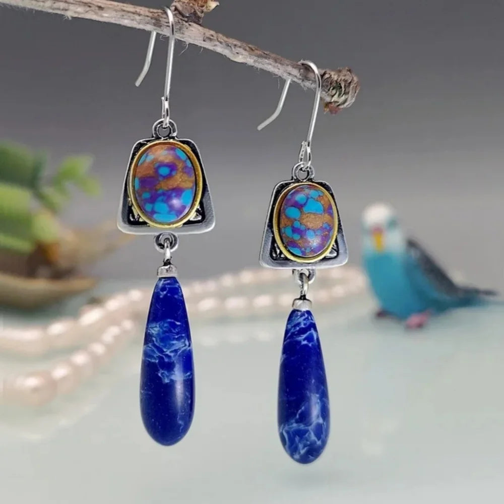 Bohemian Style Lapis Lazuli stone Dangle Hook Earrings Wedding Engagement Earrings for Women