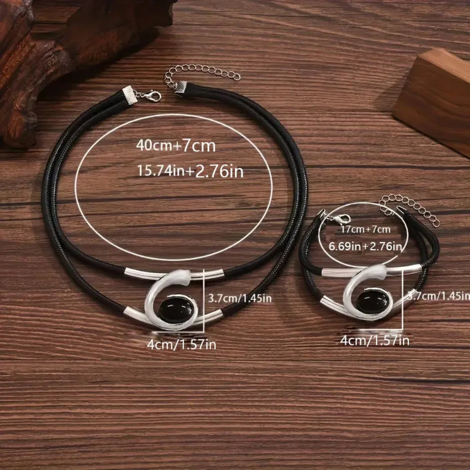 Spiral Gemstone Leather Necklace Bracelet Set Jewelry