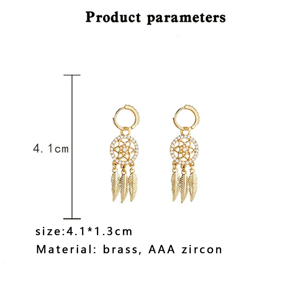 YILUOCD Exquisite Dream Catcher Dangle Earrings for Women Boho Feather Tassels Drop Earrings Geometric AAA Zircon Ear Jewelry