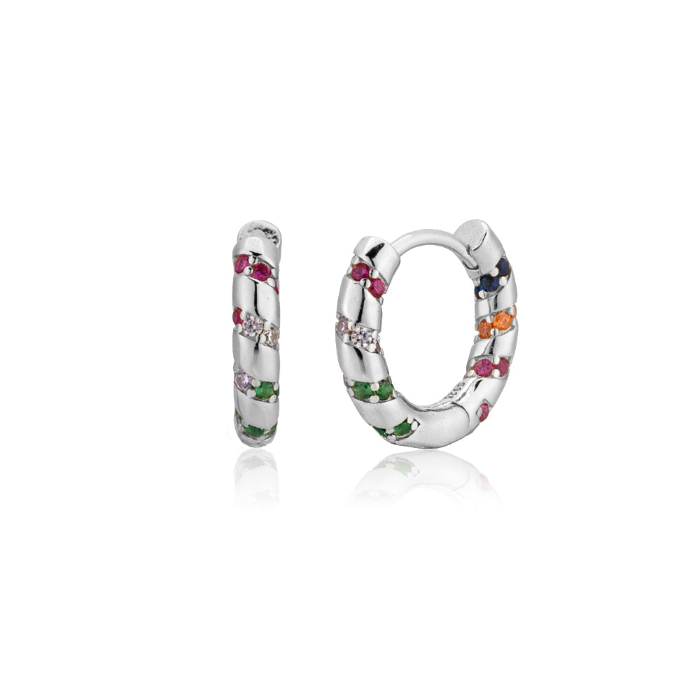 Andywen 100% 925 Sterling Silver Colorful Rainbow Clips Hoops Earring Huggies Middle 8mm Piercing Pendiente Women Circle Jewelry