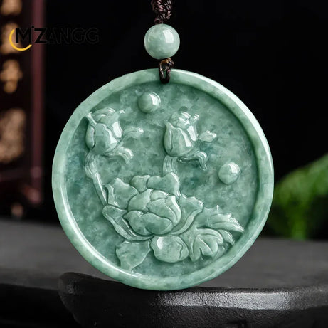Myanmar Jadeite Phoenix & Peony Double-Sided Carved Pendant Necklace, Luxury Amulet