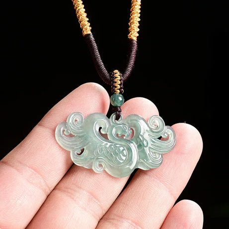 Myanmar Burmese Jadeite Phoenix Pendant, Sacred Rebirth Amulet Necklace