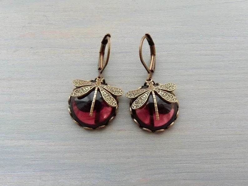 New Boho Vintage Crystal Dragonfly Earrings for Women Fashion Metal Carving Pattern Inlaid Moonstone Animal Earring Jewelry Gift