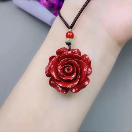 Cinnabar Jade Rose Flower Pendant, Chinese Healing Luck Amulet