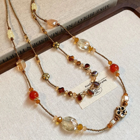 Ceramic Flower Glass Droplet Layered Necklace Jewelry