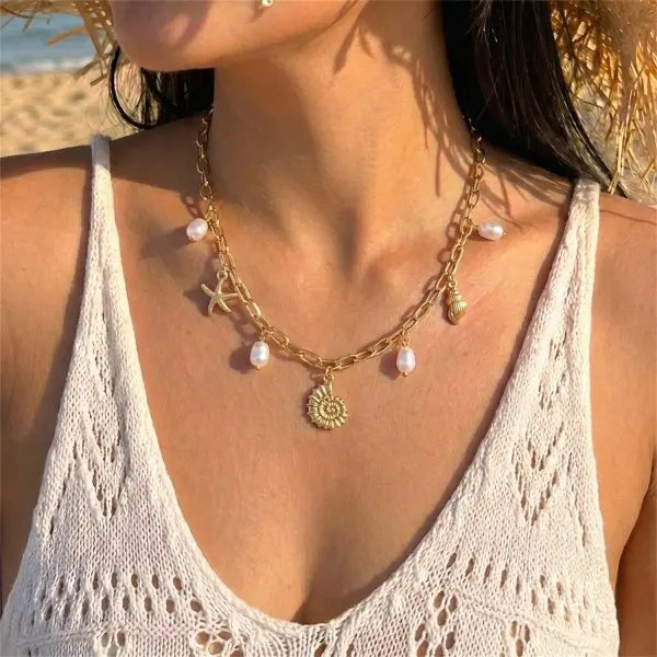 Starfish Shell Pearl Tassel Choker Necklace Jewelry