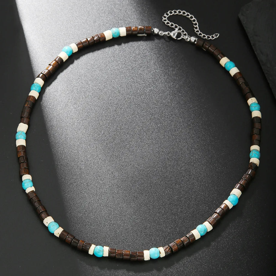 Coconut Shell, Turquoise and Wood Bead Boho Necklace for Men