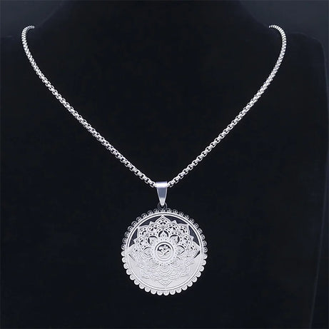 Om Lotus Mandala Yoga Necklace, Stainless Steel Buddhist Amulet