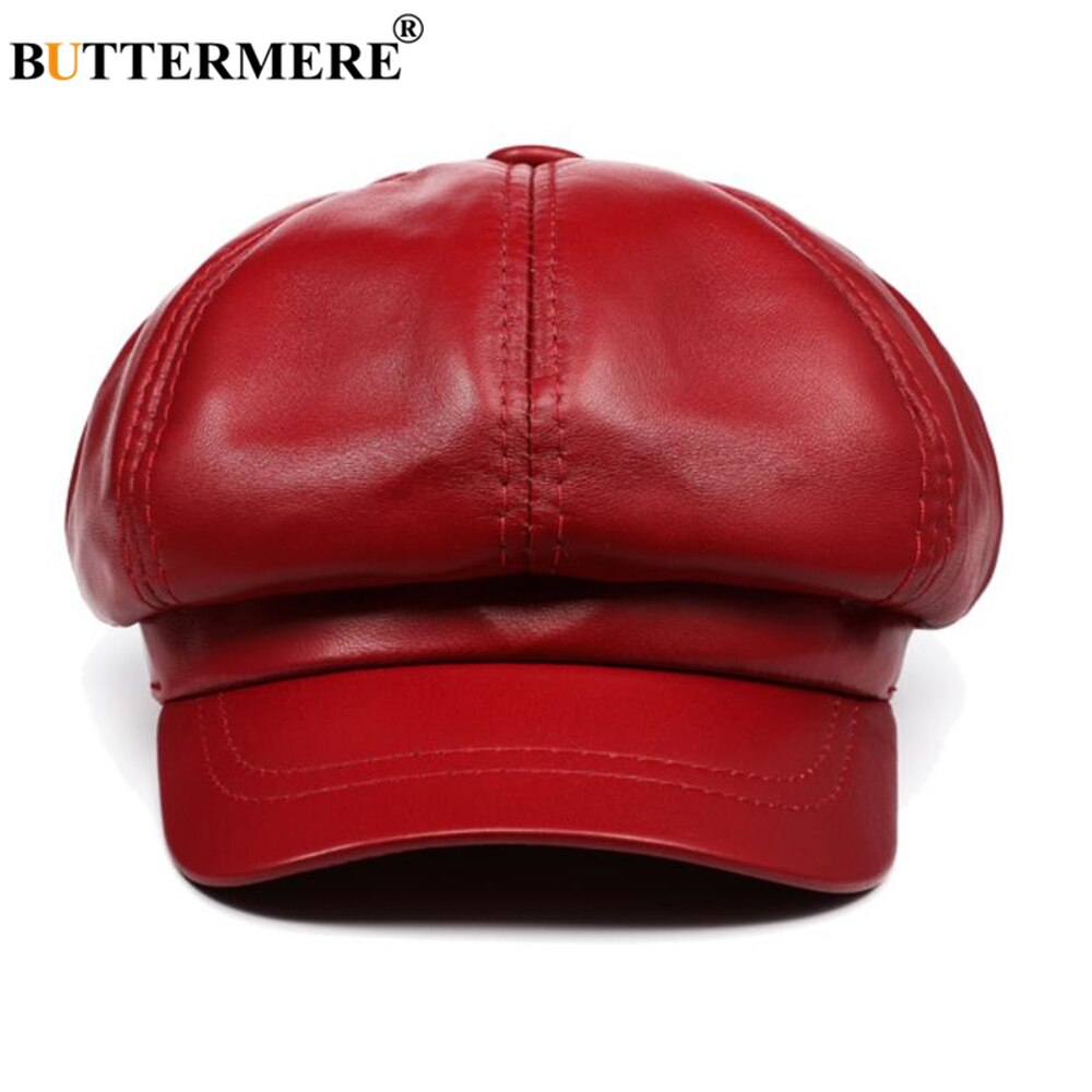 BUTTERMERE Genuine Leather Vintage Hat Women Newsboy Cap Pink Baker Boy Cap High Quality Brand Ladies Winter Octagonal Cap - Charlie Dolly