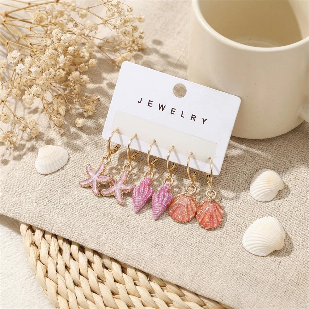 3 Pcs Boho Starfish Shell Hoop Earrings Set for Women Imitation Pearl Metal Geometric Earring Beach Party Versatile Jewelry