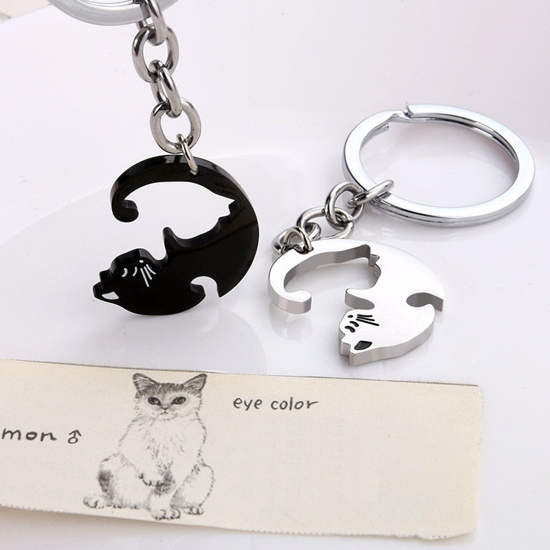 2pcs Cute Black Cat Keychain Patchwork Heart Round Couple