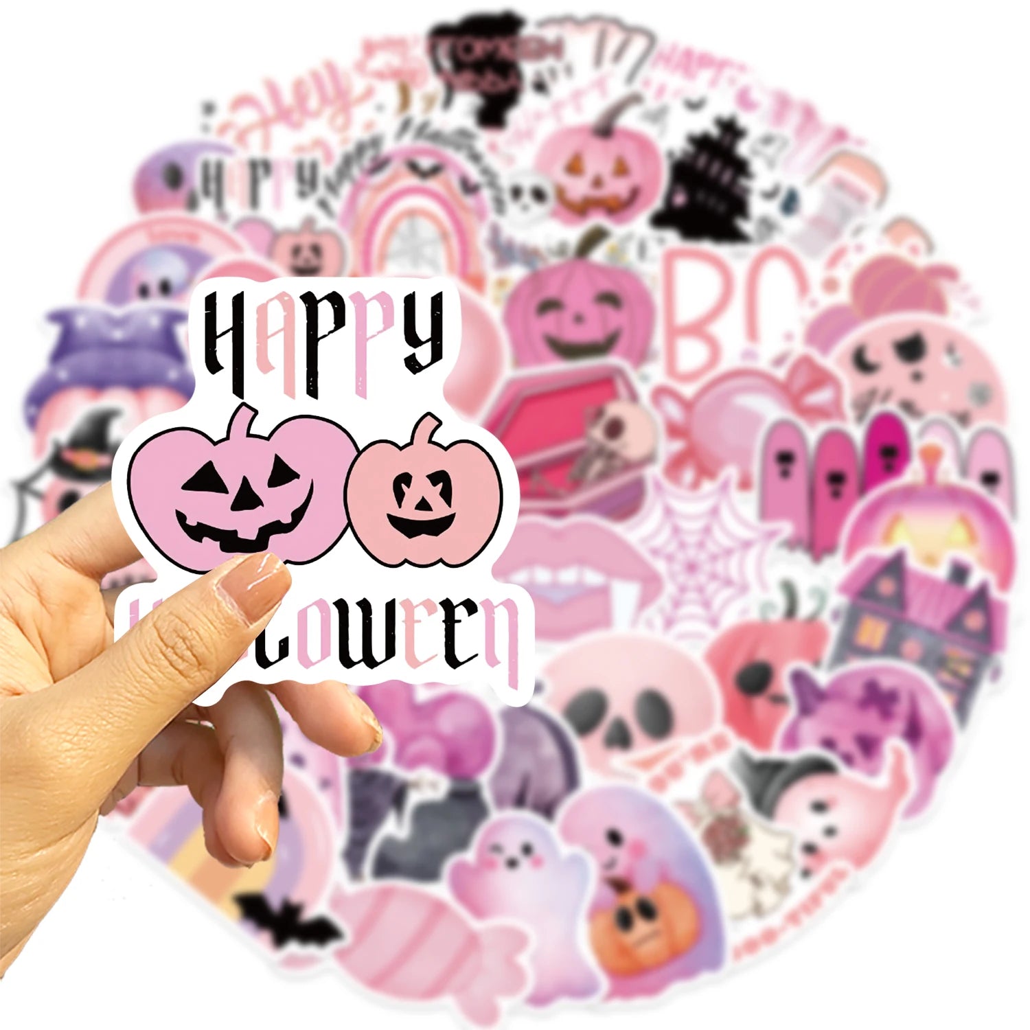 50PCS Kawaii Pink Halloween Ghost Skull Pumpkin Stickers Notebook Guitar Skateboard Waterproof Cute Decorative Sticker Toy - Charlie Dolly