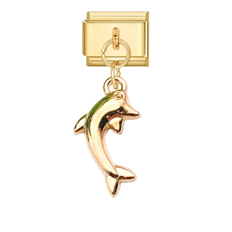 Vintage Golden Sea Shell Conch Starfish Dolphin Turtles Pendant Bead Fit 9mm Italian Charm Bracelet Stainless Steel DIY Making