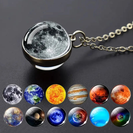 Double-Sided Galaxy Planet Glass Ball Pendant Necklace, Sun Moon Mars Cosmic Talisman