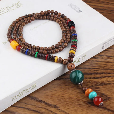 Wood Bead Bodhi Pendant Sweater Chain Necklace Jewelry