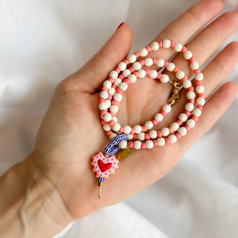 French White Turquoise and Heart Glass Pendant Sweater Chain