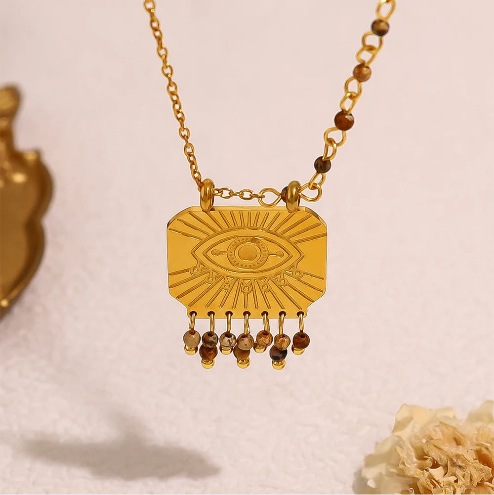WILD & FREE Boho Natural Stone Charms Stainless Steel Pendant Necklace for Women Chic Retro Waterproof Trend Jewelry