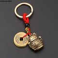 Pure Handmade Brass Lucky Cat Car Keychain Lucky Cat Five Emperors Money Keychain Feng Shui Coins Solid Lucky Key Rings - Charlie Dolly