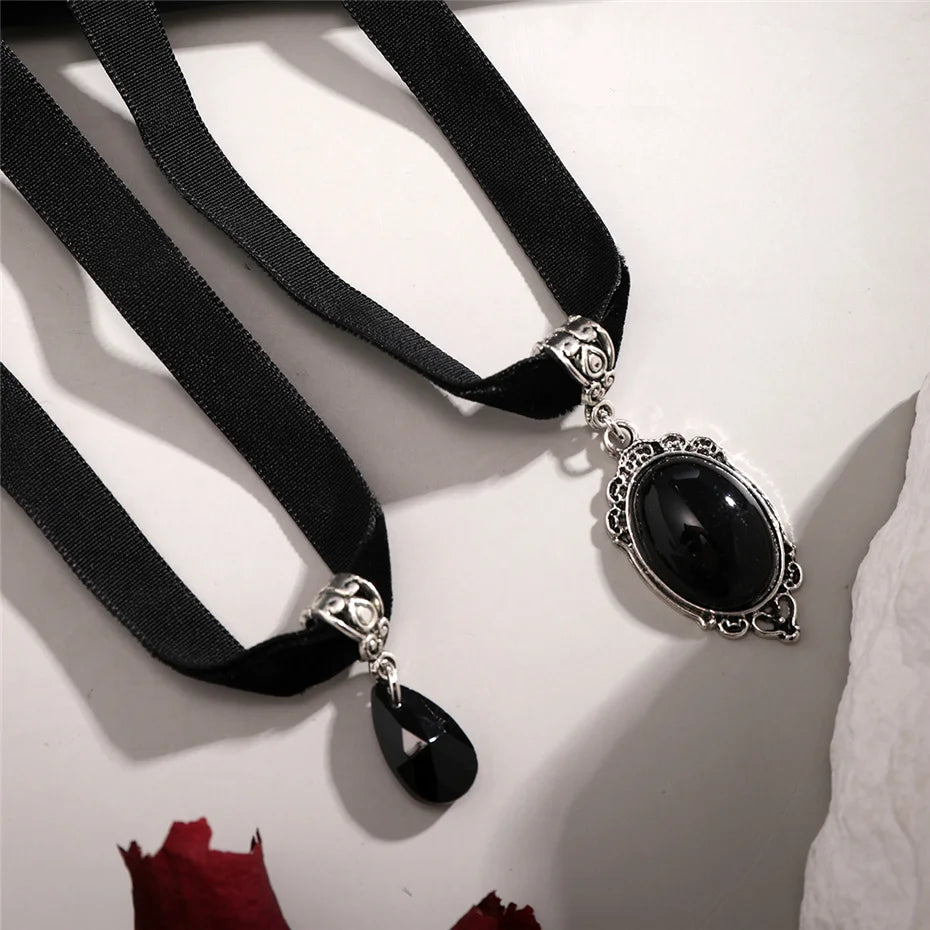 2Pcs Goth Korean Velvet Chain Water Drop Crystal Pendant Choker Necklace for Women Collares Adjustable Choker Halloween Jewelry - Charlie Dolly