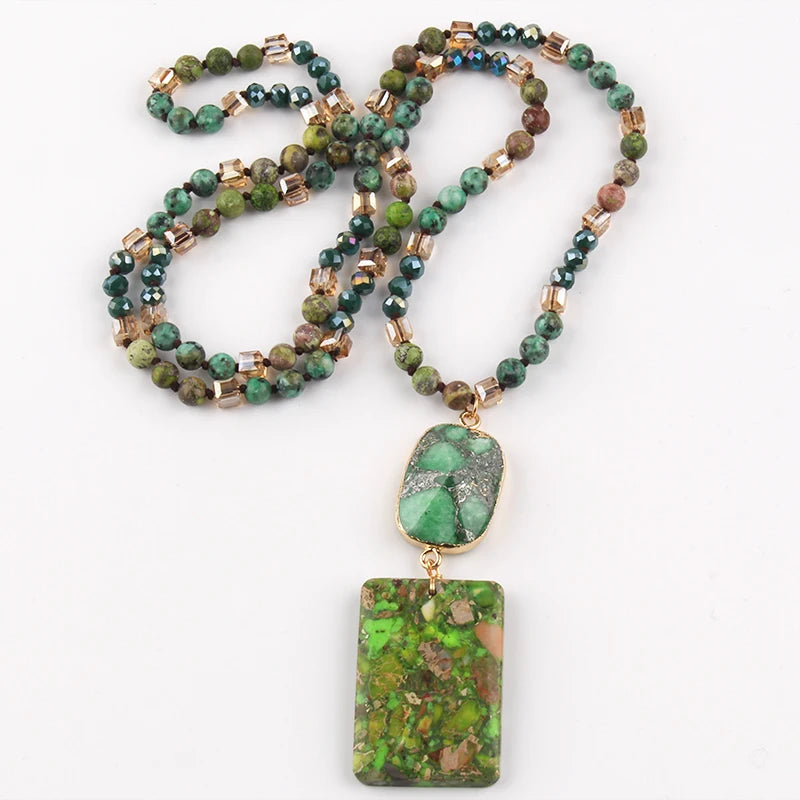 RH Fashion Bohemian Jewelry Natural Stones Crystal Stone Knotted Semi Precious Stone Boho Multi Pendant Necklace Women Gift