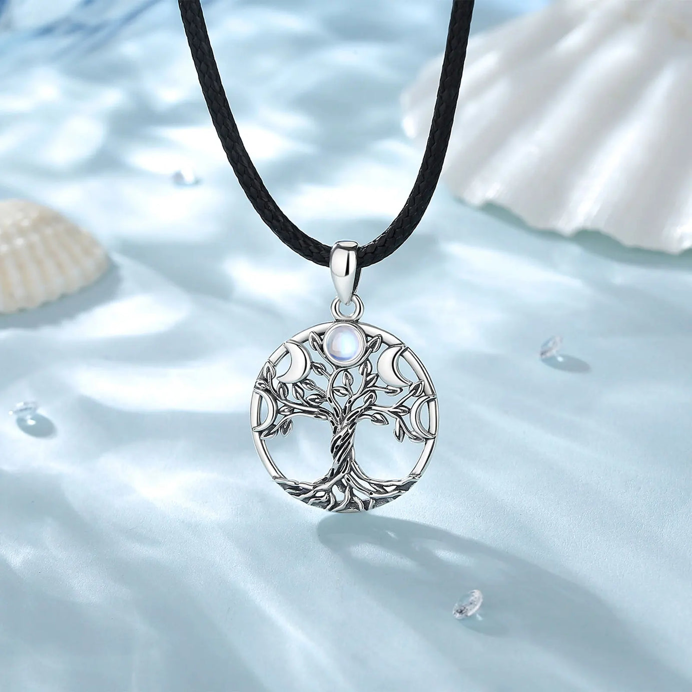 S925 Sterling Silver Tree of Life Moon Phase Necklace, Triple Moon Goddess Moonstone Amulet