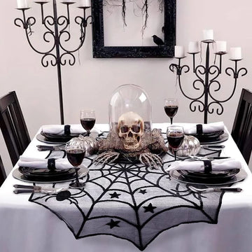 Halloween Black Lace Placemat Happy Halloween Party Decorations 2024 For Home Spider Web Tablecloth Kitchen Dining Table Covers