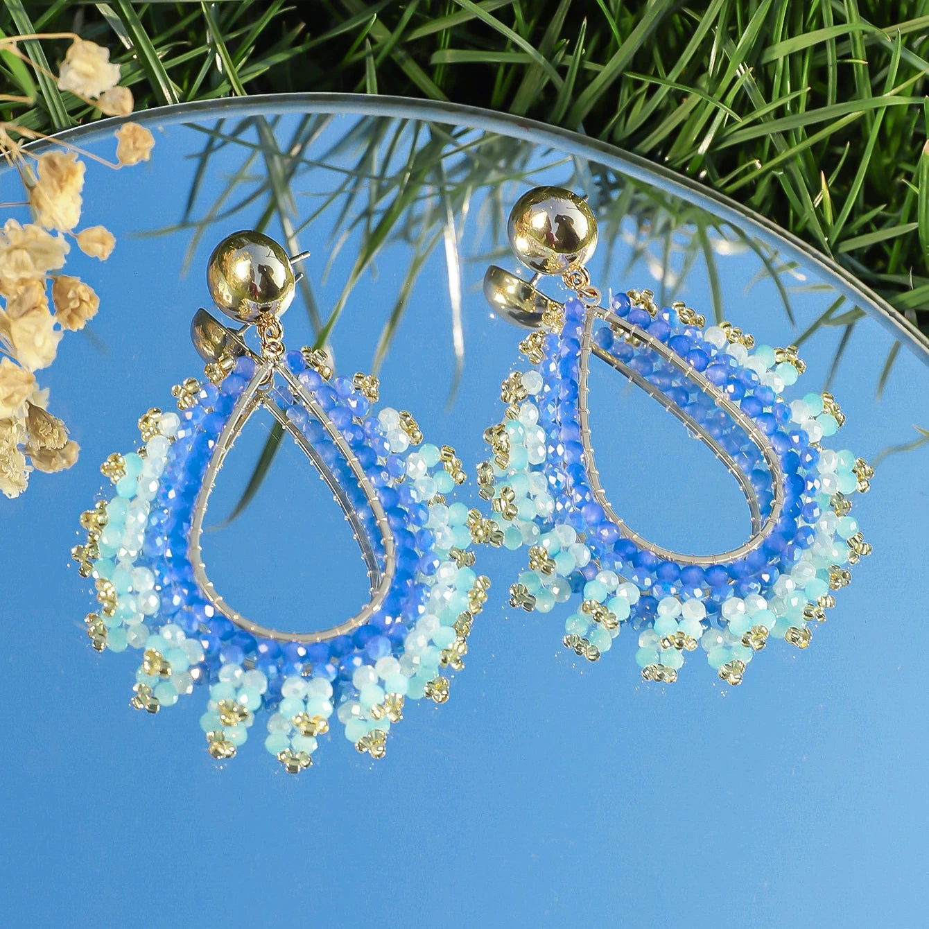 Boho Exquisite Waterdrop Crystal Beads Earrings for Women Handmade Big Statement Metal Earrings Summer Party Jewelry Accessories