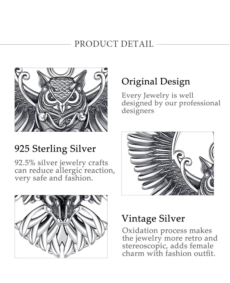 Eudora 925 Sterling Silver Cool Owl Necklace for Women Man Vintage Hip Hop Owl Amulet Pendant Personality Jewelry Party Gift