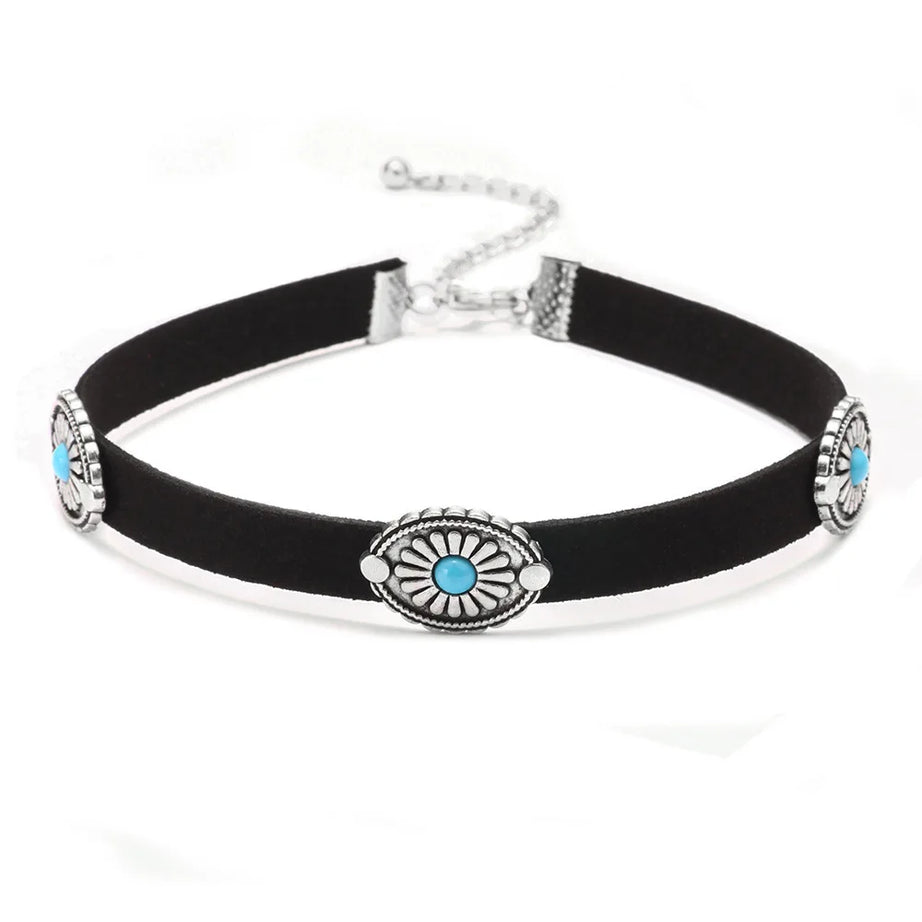 Turquoise Bead Cotton Tassel Choker Necklace Jewelry
