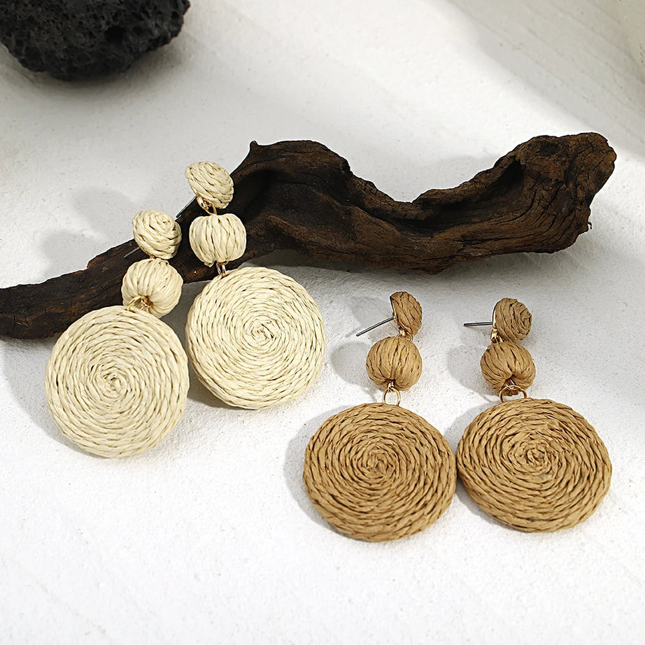 Yellow Raffia Knit Round Drop Earrings Jewelry