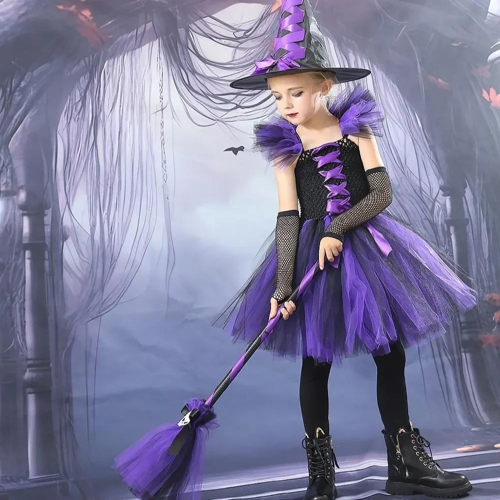 Halloween New Witch Dress Cosplay Costume Dress for Girl Carnival Party Dress Hat Broom Fancy Clothes Suit - Charlie Dolly
